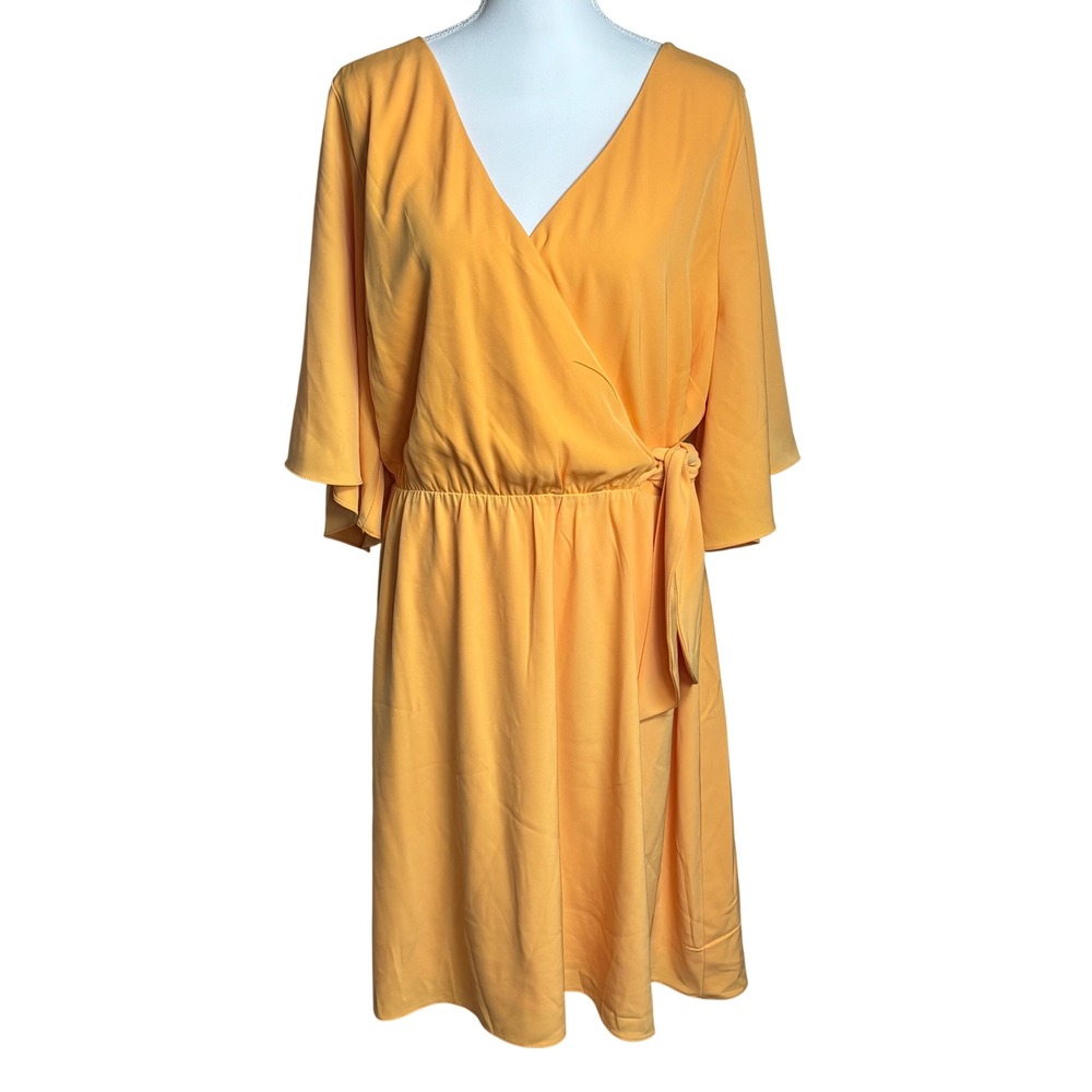 NWT City Chic Faux Wrap Midi Dress Women XXL 24 Yellow Gold Flutter Sleeve Carly